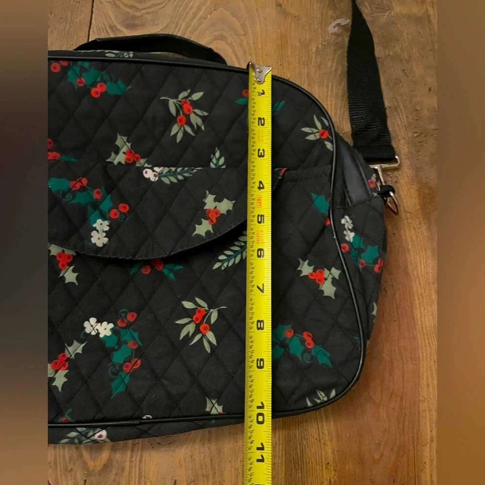 Quilted Women's Bag Black with Green, Red & White Floral Design
